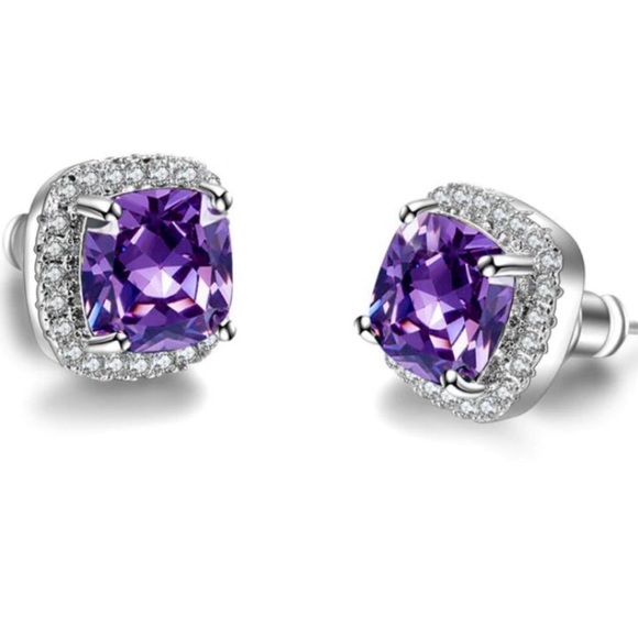 925 Silver Amethyst & Sapphire Halo Cut Earrings - Picture 2 of 12